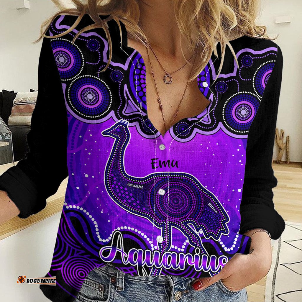 Personalised Australia Aquarius Emu Zodiac Women Casual Shirt Auz Astrology Aboriginal - Purple