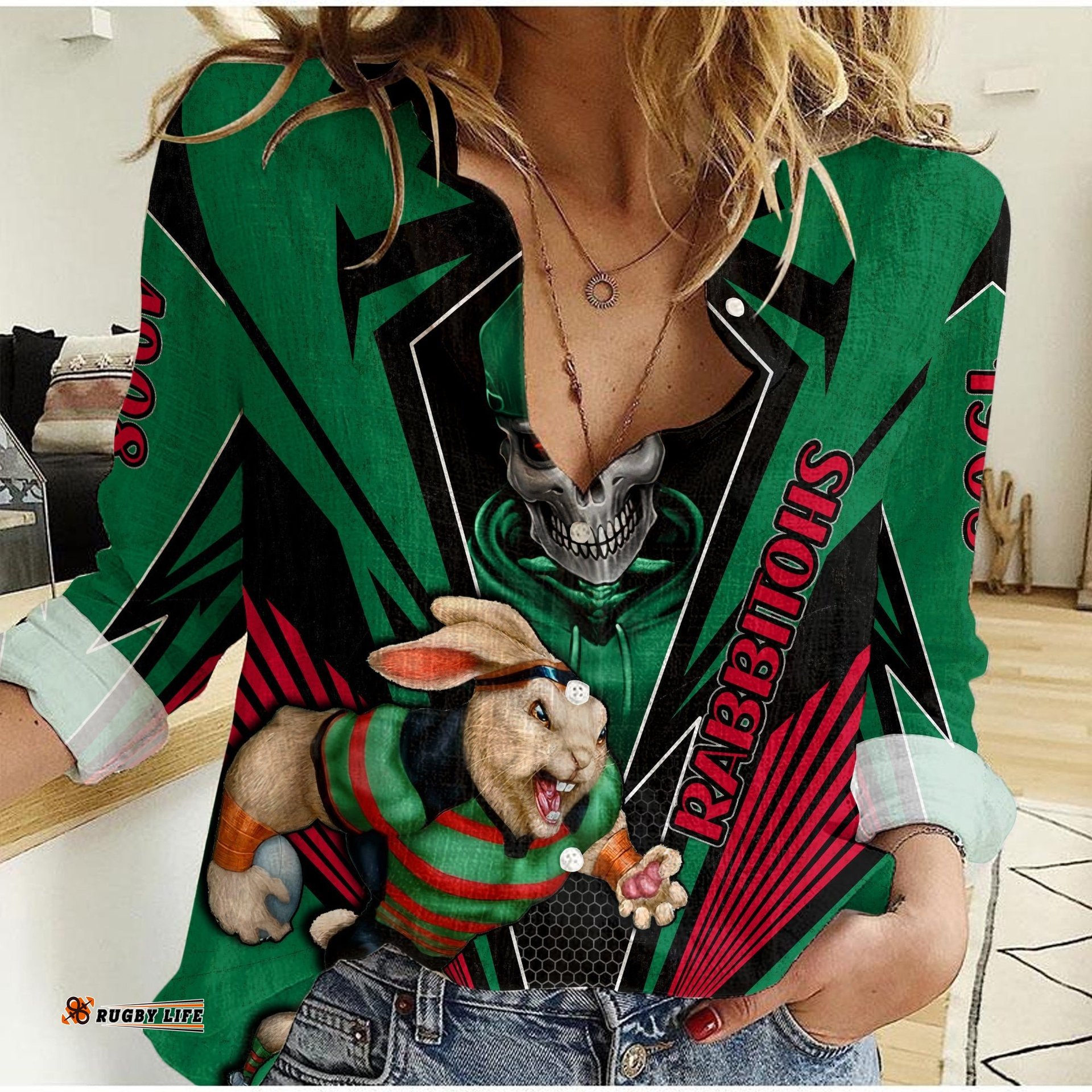 Custom Personalised Rabbitohs Rugby Women Casual Shirt Mascot South Sydney Since 1908 Cool Skull