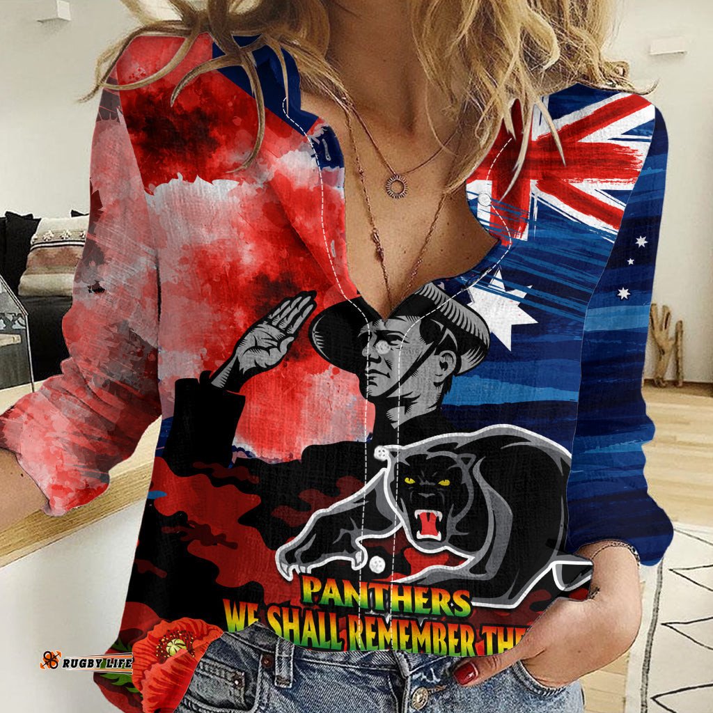 Custom Personalised ANZAC Panthers Rugby Women Casual Shirt We Shall Remember