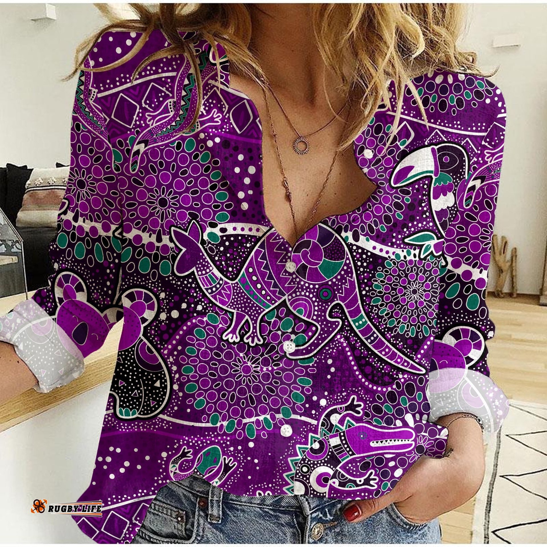 Women Casual Shirt Aboriginal Animal and Dot Acrylic Paint Ver.04