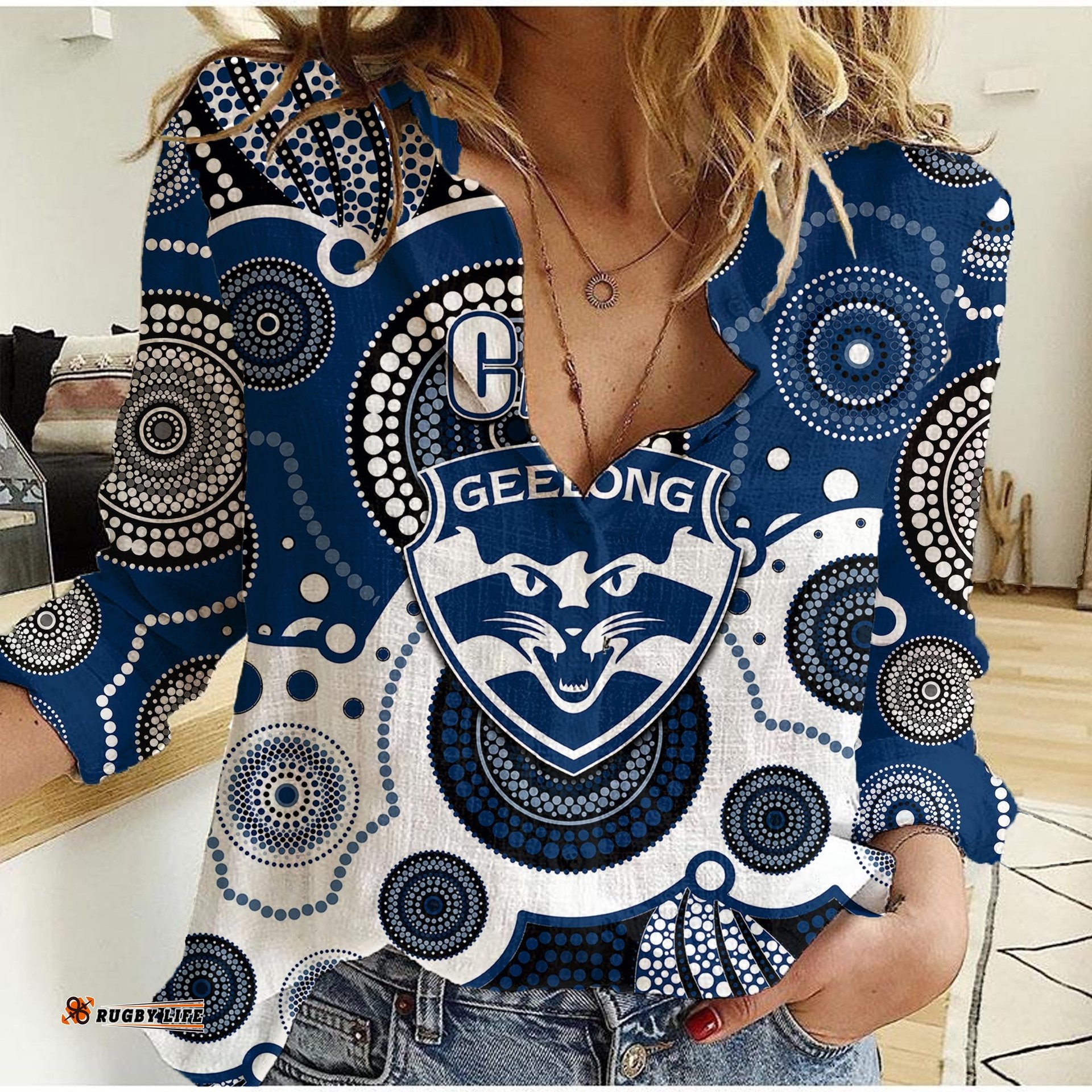 Custom Personalised And Number Cats AFL Women Casual Shirt Aboriginal Patterns