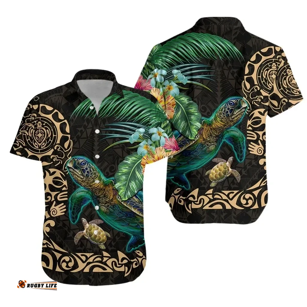 Tiki Polynesian Hawaiian Shirt Turtle Hibiscus - Gold K4