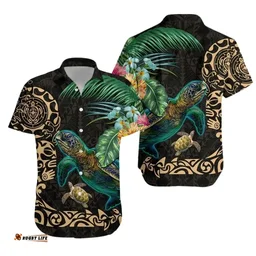 Tiki Polynesian Hawaiian Shirt Turtle Hibiscus - Gold K4