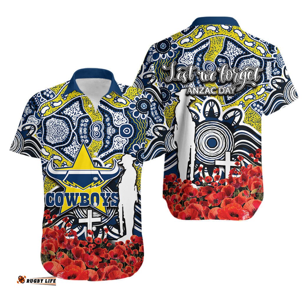 Cowboys Hawaiian Shirt ANZAC Day Poppy Flowers With Aboriginal