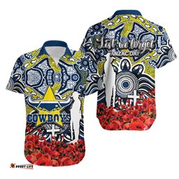 Cowboys Hawaiian Shirt ANZAC Day Poppy Flowers With Aboriginal