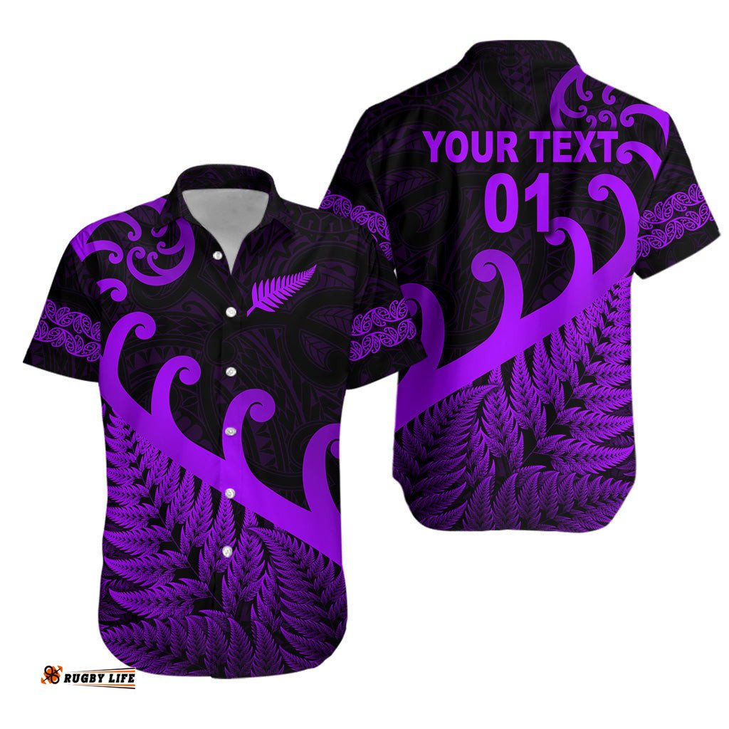 Custom Personalised New Zealand Rugby Maori Hawaiian Shirt Silver Fern Koru Vibes Purple