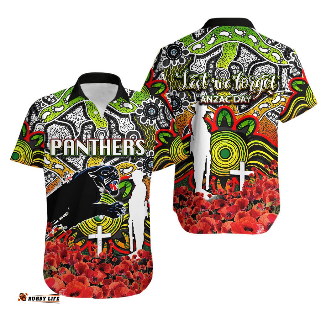 Panthers Hawaiian Shirt ANZAC Day Poppy Flowers With Aboriginal