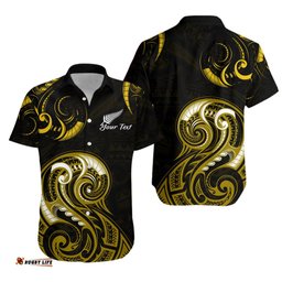 Custom Personalised Aotearoa Fern Hawaiian Shirt Maori Pattern Version Gold