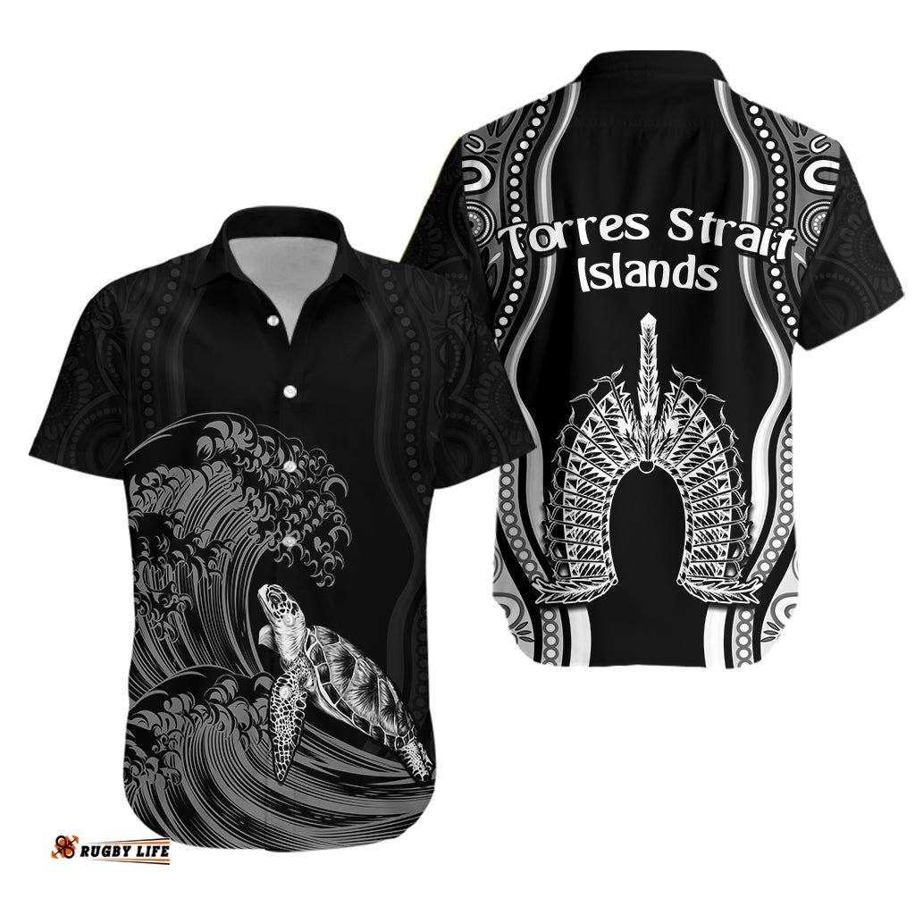 Torres Strait Islands Hawaiian Shirt The Dhari Mix Aboriginal Turtle Version Black
