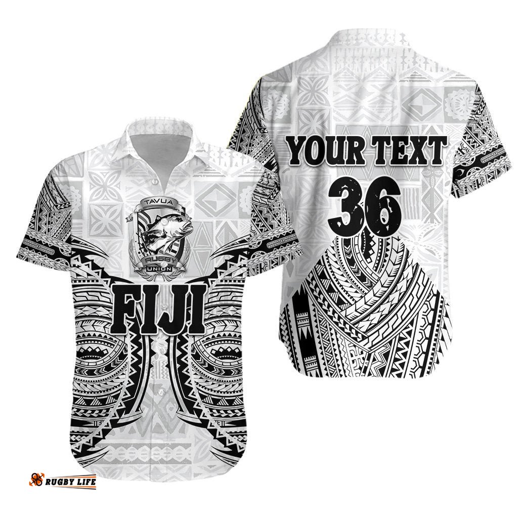 Custom Personalised Fiji Tavua Rugby Tapa Hawaiian Shirt Polynesian White, Custom Text and Number