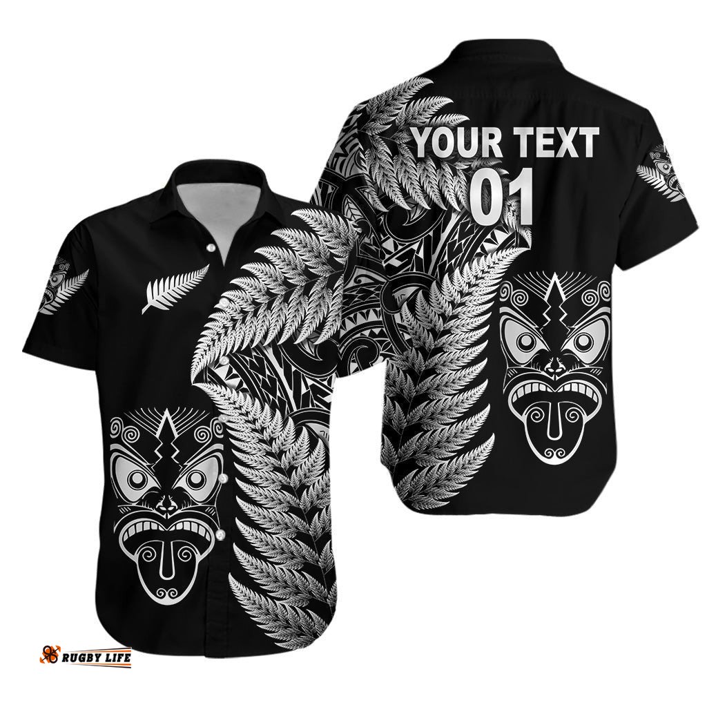 Custom Personalised New Zealand Haka Rugby Maori Hawaiian Shirt Silver Fern Vibes Black
