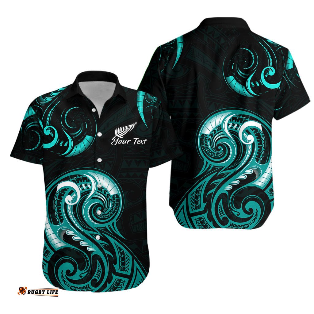 Custom Personalised Aotearoa Fern Hawaiian Shirt Maori Pattern Version Turquoise