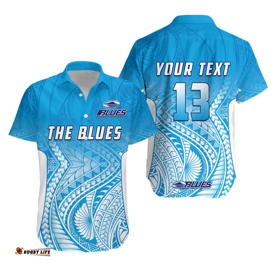 Custom Text and Number Blues Hawaiian Shirt Super Rugby New Zealand