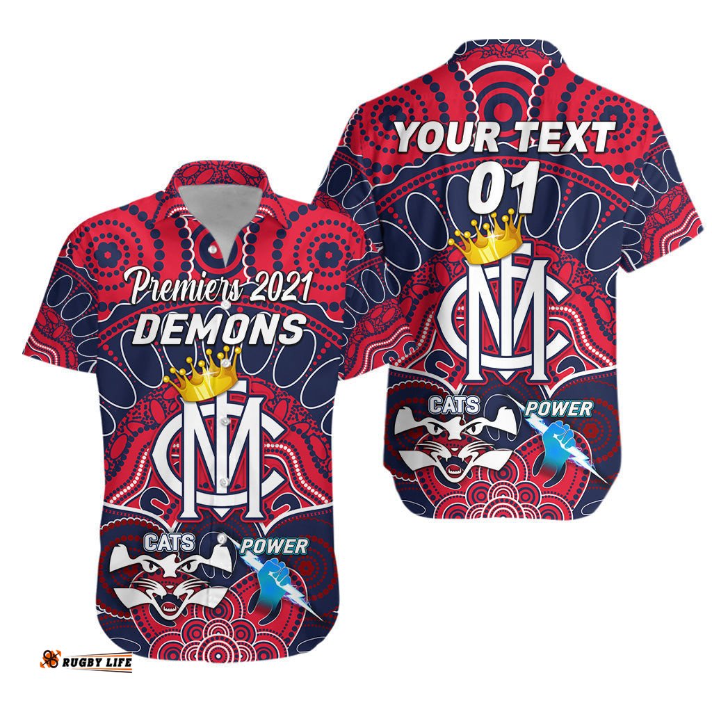 Custom Personalised Melbourne Demons Indigenous Hawaiian Shirt Football Premiers The King, Custom Text And Number