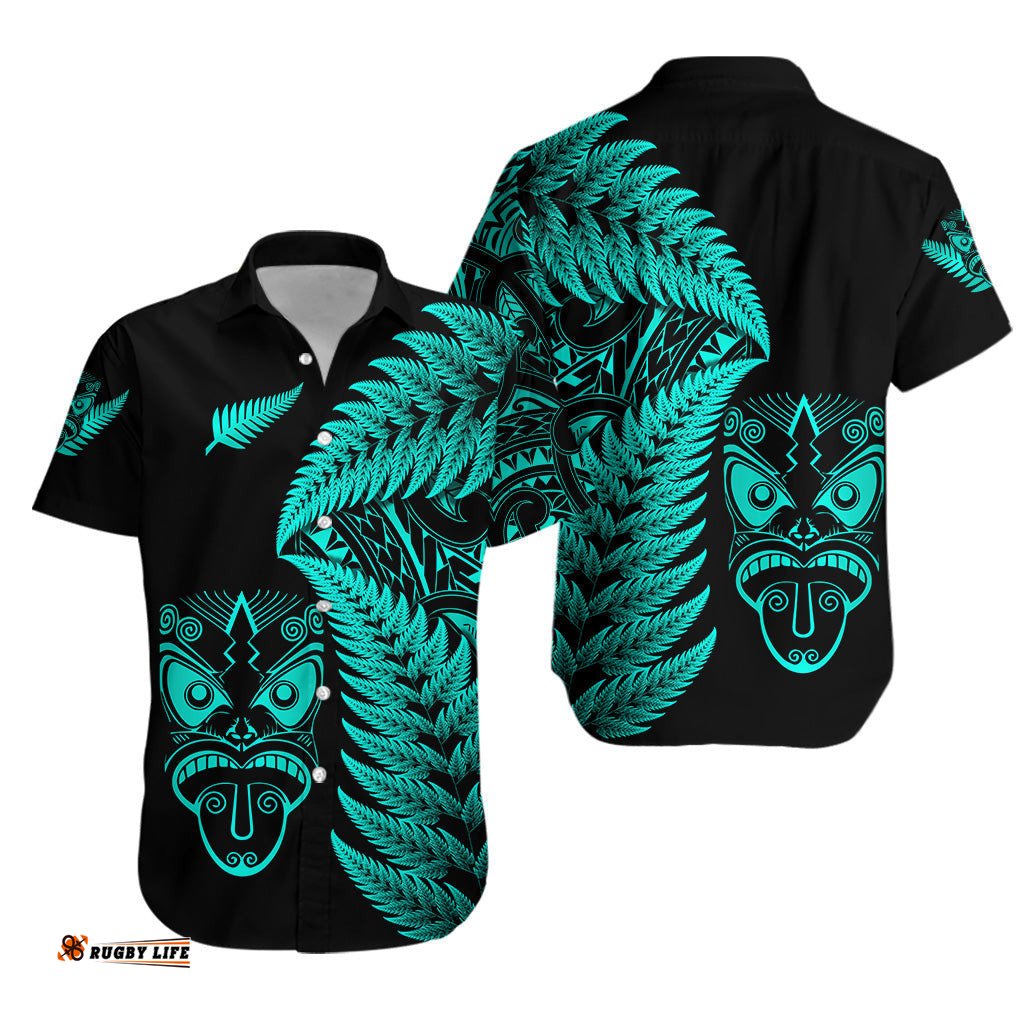 New Zealand Haka Rugby Maori Hawaiian Shirt Silver Fern Vibes Turquoise