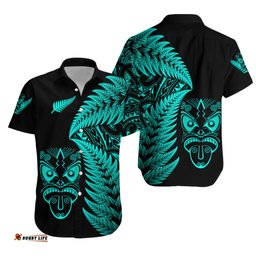 New Zealand Haka Rugby Maori Hawaiian Shirt Silver Fern Vibes Turquoise