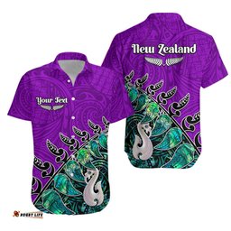 Custom Personalised New Zealand Maori Hawaiian Shirt Fern and Manaia Version Purple