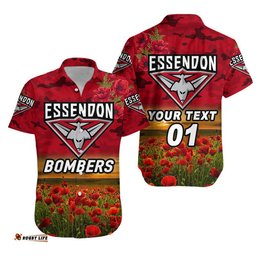 Custom Personalised Essendon Bombers ANZAC Hawaiian Shirt Poppy Vibes Red