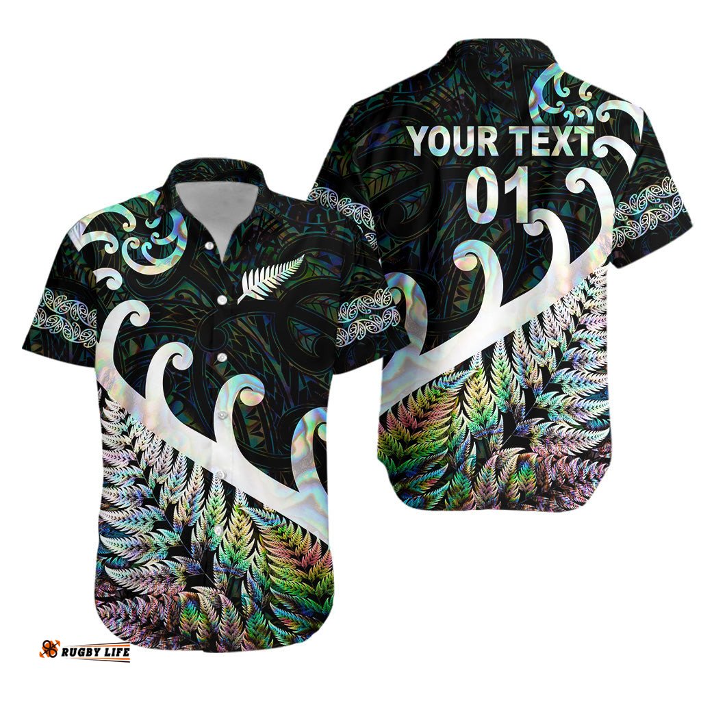 Custom Personalised New Zealand Rugby Maori Hawaiian Shirt Silver Fern Koru Vibes Paua Shell