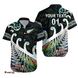 Custom Personalised New Zealand Rugby Maori Hawaiian Shirt Silver Fern Koru Vibes Paua Shell