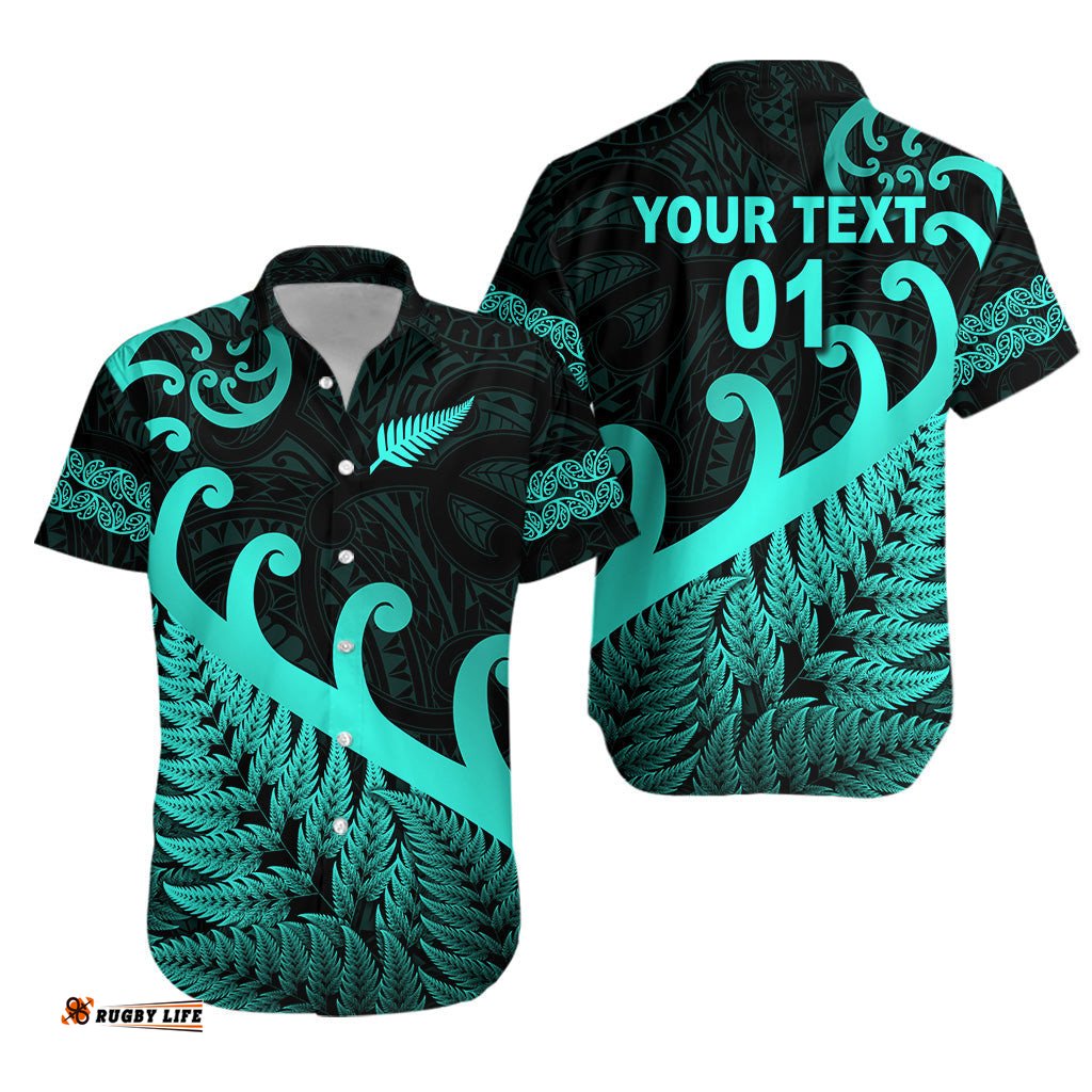 Custom Personalised New Zealand Rugby Maori Hawaiian Shirt Silver Fern Koru Vibes Turquoise
