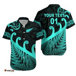 Custom Personalised New Zealand Rugby Maori Hawaiian Shirt Silver Fern Koru Vibes Turquoise