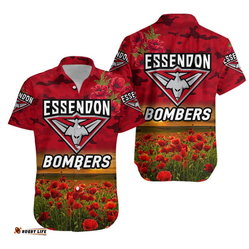 Essendon Bombers ANZAC Hawaiian Shirt Poppy Vibes Red