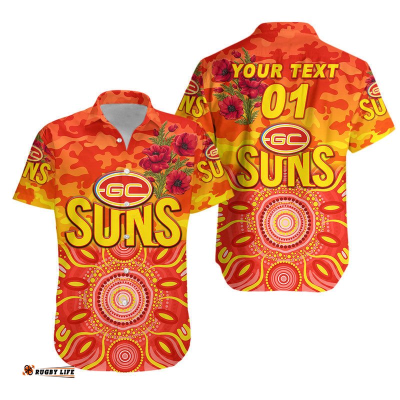 Custom Personalised Gold Coast Suns ANZAC Hawaiian Shirt Indigenous Vibes