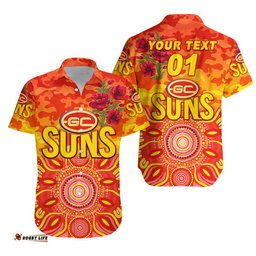 Custom Personalised Gold Coast Suns ANZAC Hawaiian Shirt Indigenous Vibes