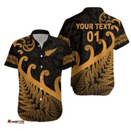 Custom Personalised New Zealand Rugby Maori Hawaiian Shirt Silver Fern Koru Vibes Gold