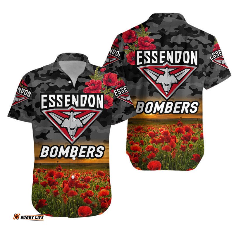 Essendon Bombers ANZAC Hawaiian Shirt Poppy Vibes Black