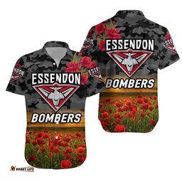 Essendon Bombers ANZAC Hawaiian Shirt Poppy Vibes Black