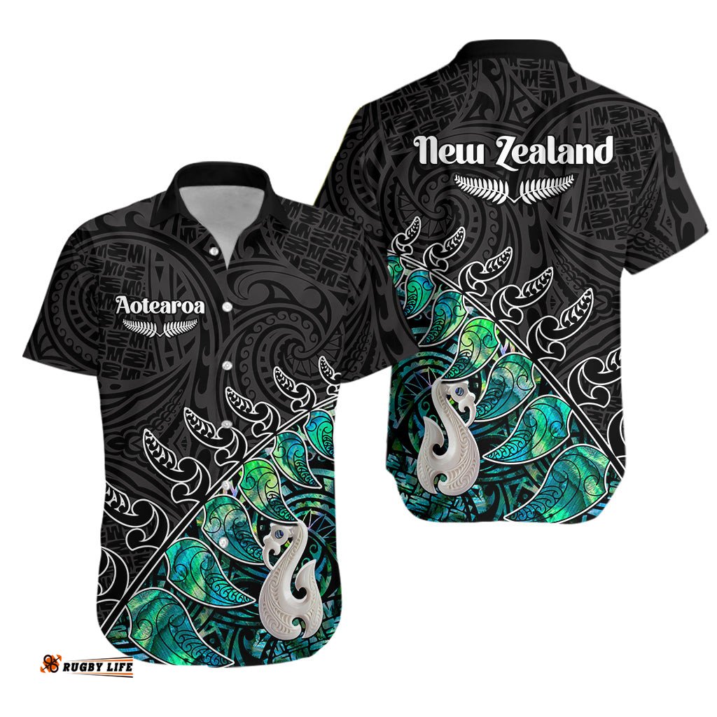 New Zealand Maori Hawaiian Shirt Fern and Manaia Version Black