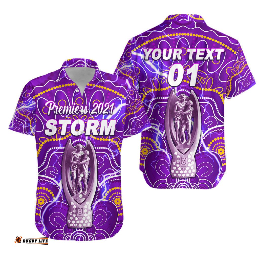 Custom Personalised Melbourne Storm Hawaiian Shirt Indigenous Premiers Trophy, Custom Text And Number
