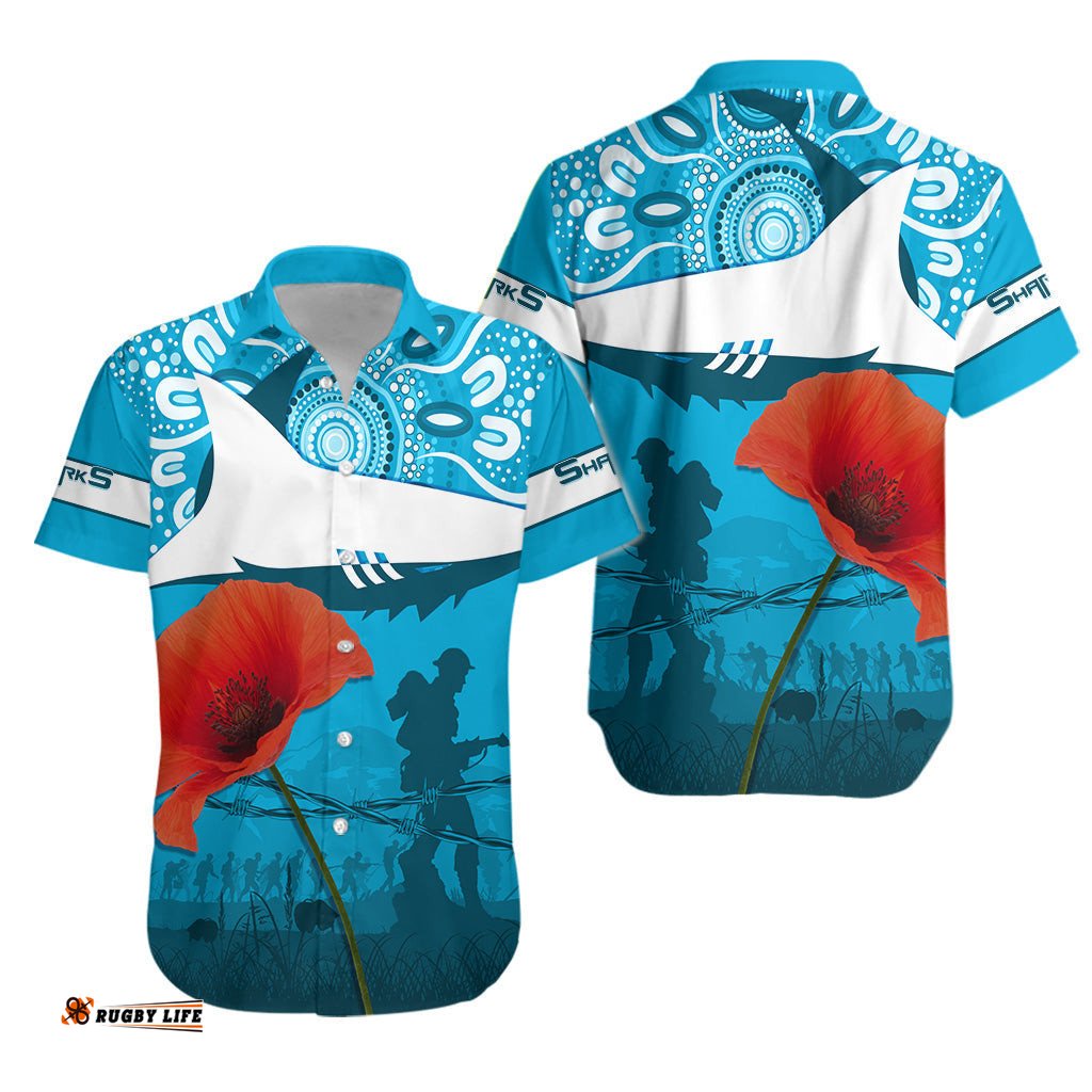 Sharkies Rugby Hawaiian Shirt ANZAC Day Barb Wire Style