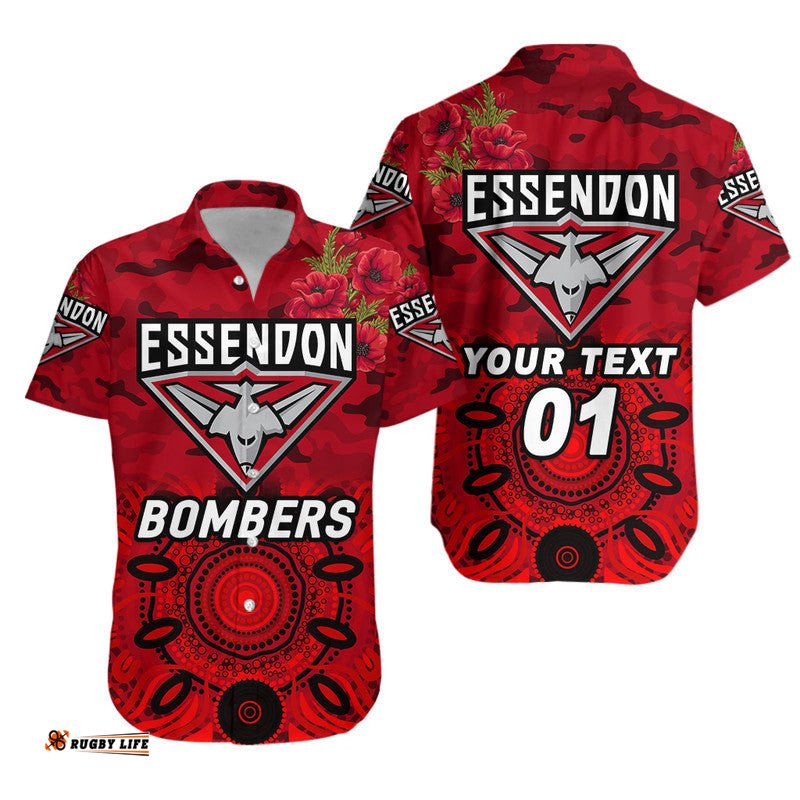 Custom Personalised Essendon Bombers ANZAC Hawaiian Shirt Indigenous Vibes Red