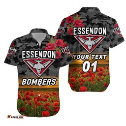 Custom Personalised Essendon Bombers ANZAC Hawaiian Shirt Poppy Vibes Black