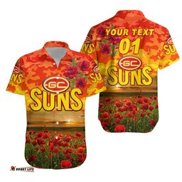 Custom Personalised Gold Coast Suns ANZAC Hawaiian Shirt Poppy Vibes