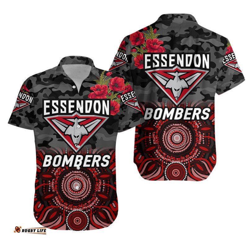 Essendon Bombers ANZAC Hawaiian Shirt Indigenous Vibes Black