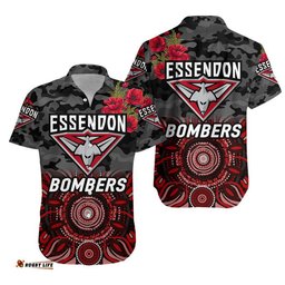 Essendon Bombers ANZAC Hawaiian Shirt Indigenous Vibes Black
