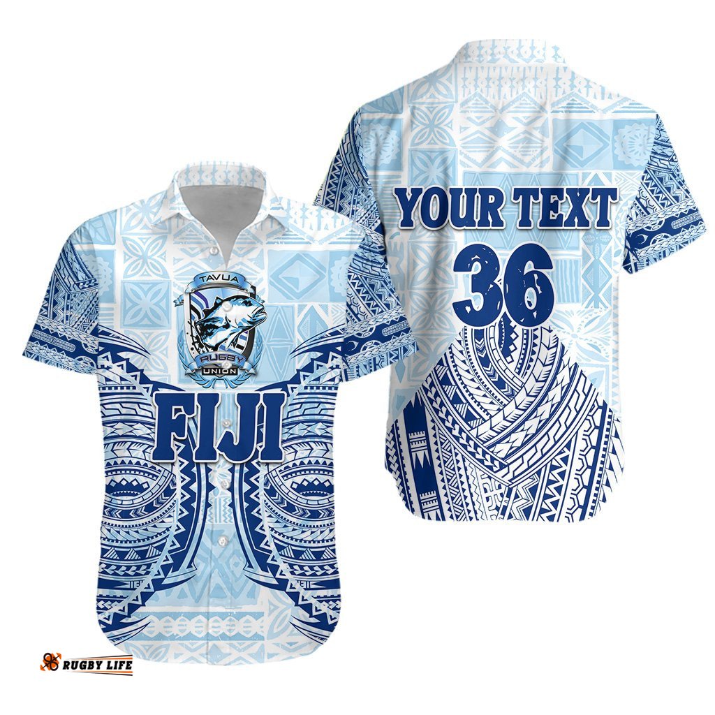 Custom Personalised Fiji Tavua Rugby Tapa Hawaiian Shirt Polynesian Blue, Custom Text and Number