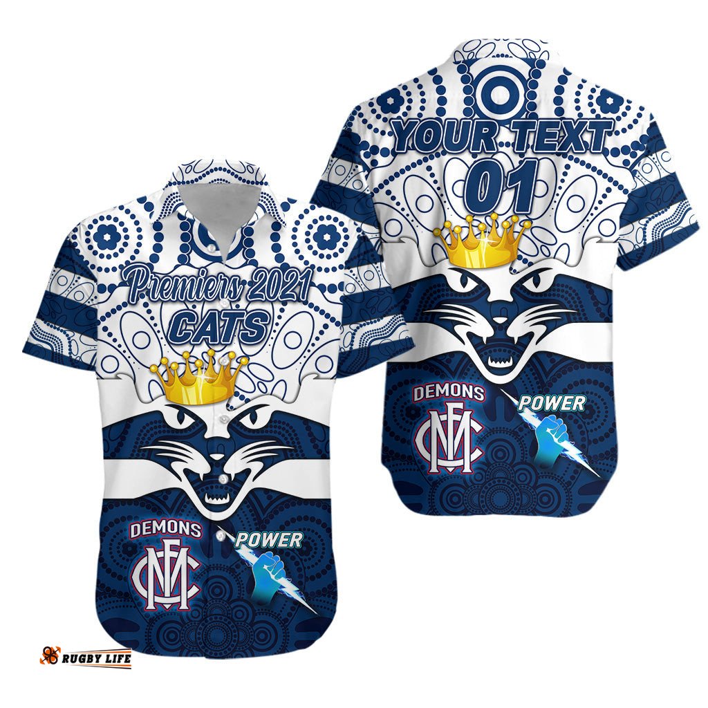 Custom Personalised Geelong Cats Indigenous Hawaiian Shirt Football Premiers The King, Custom Text And Number