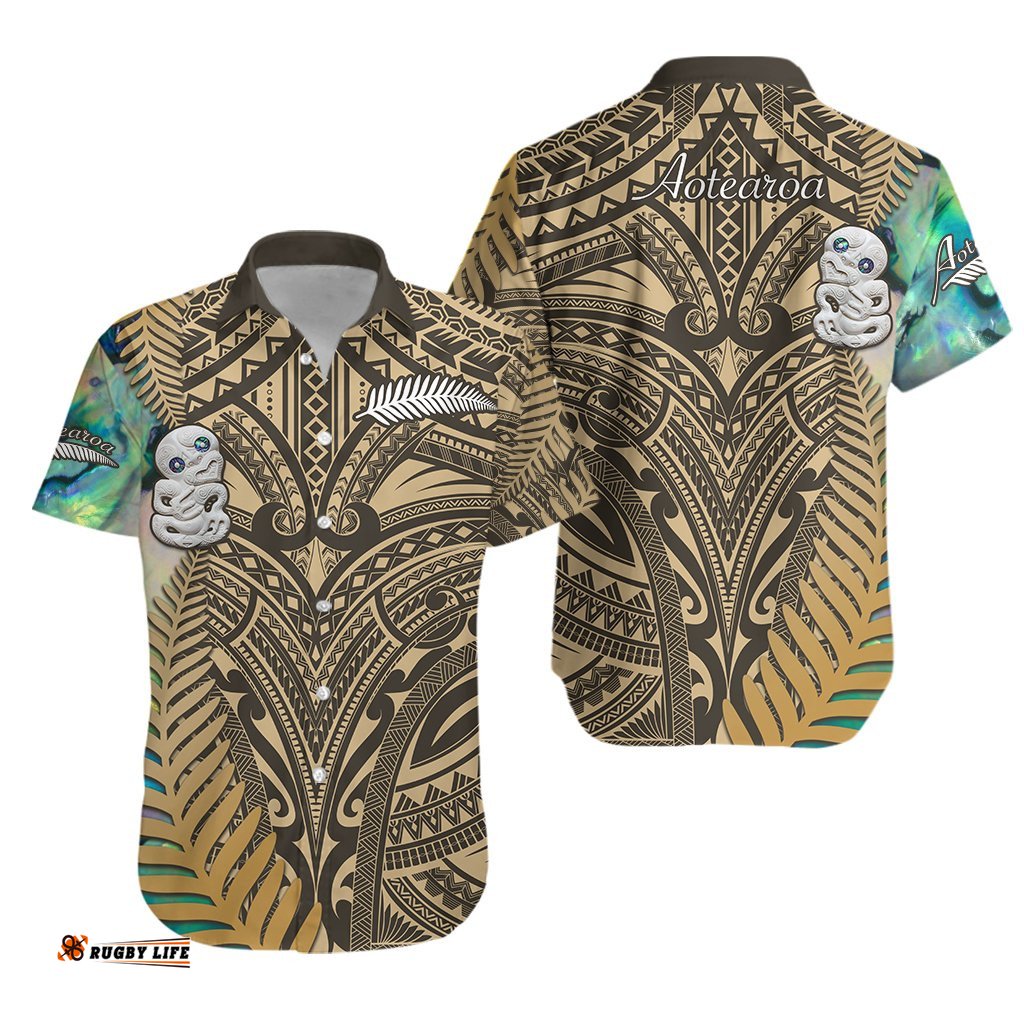 NOTEXT Simple Hawaiian Shirt Maori Hei Tiki and Paua Golden