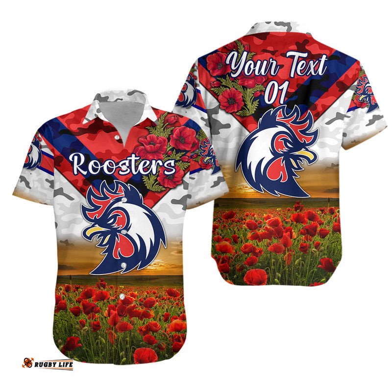 Custom Personalised Sydney Roosters ANZAC Hawaiian Shirt Poppy Flowers Vibes White