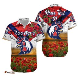 Custom Personalised Sydney Roosters ANZAC Hawaiian Shirt Poppy Flowers Vibes White