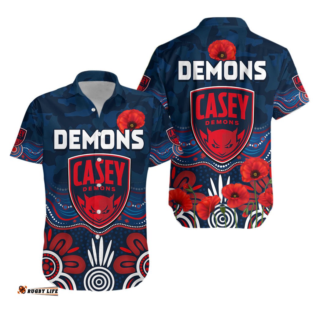 Demons ANZAC Hawaiian Shirt Casey Football Aboriginal Poppy