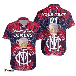 Custom Personalised Melbourne Demons Indigenous Hawaiian Shirt Football Premiers Trophy, Custom Text And Number