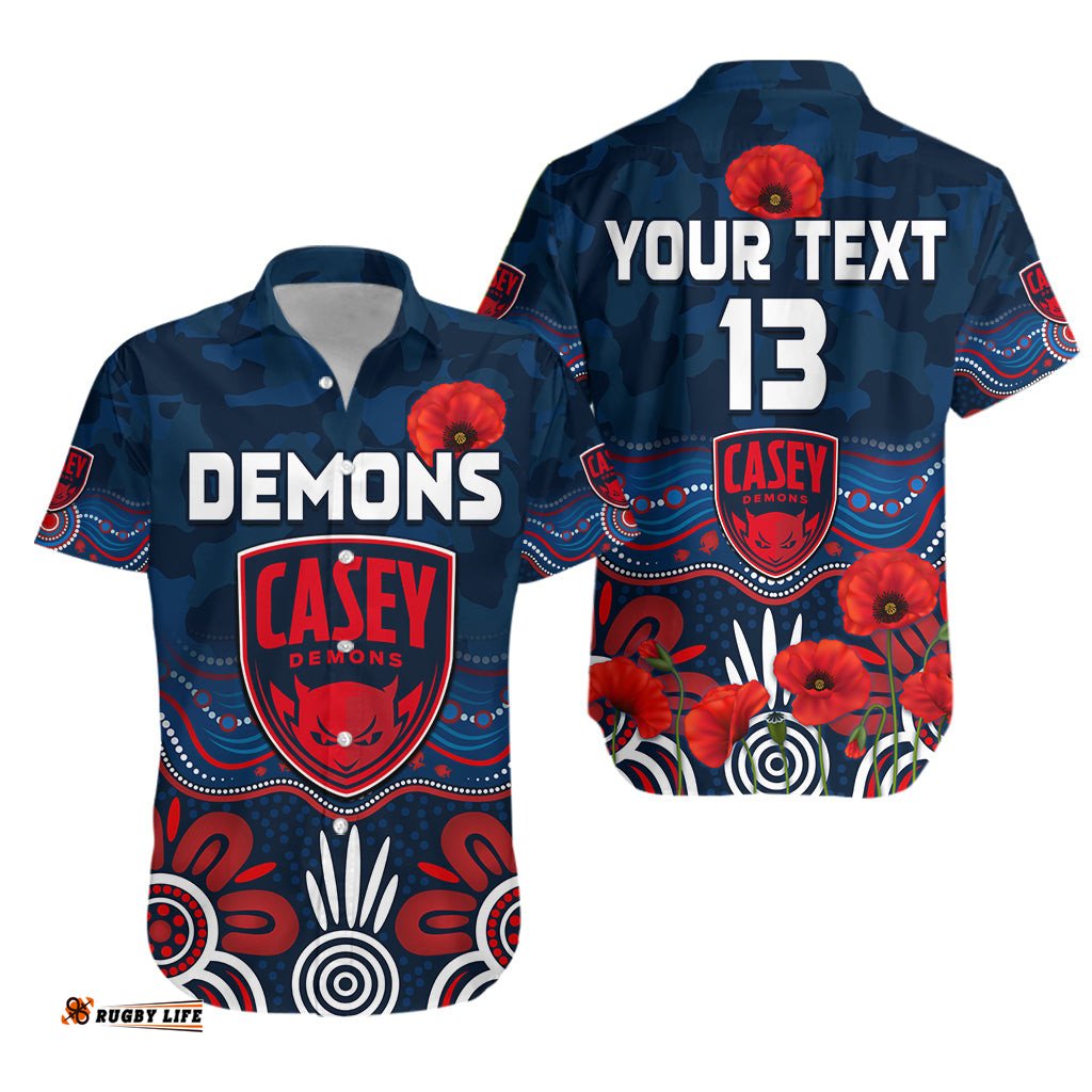 Custom Text and Number Demons ANZAC Hawaiian Shirt Casey Football Aboriginal Poppy