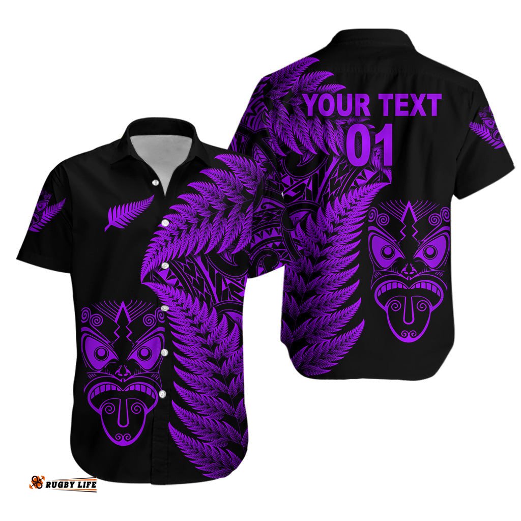 Custom Personalised New Zealand Haka Rugby Maori Hawaiian Shirt Silver Fern Vibes Purple