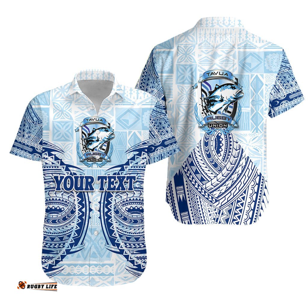 Custom Personalised Fiji Tavua Rugby Tapa Hawaiian Shirt Polynesian Blue